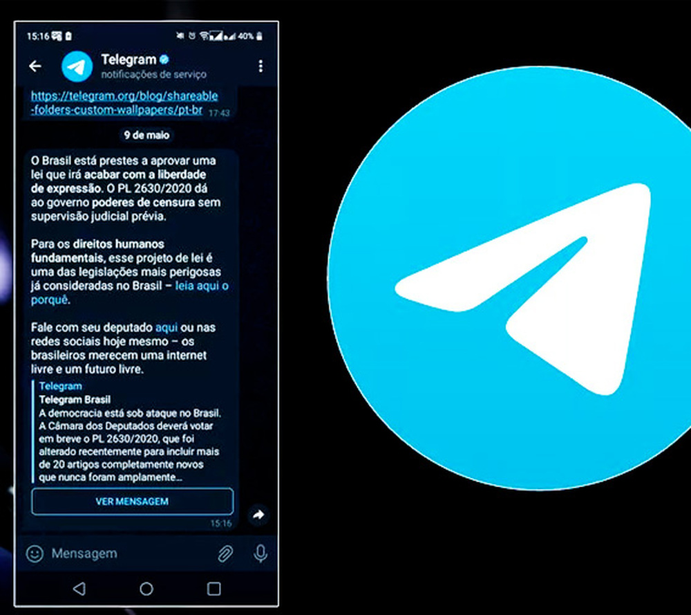 Telegram envia mensagem a usuários e diz que PL 2630 irá 'acabar com liberdade de expressão'
