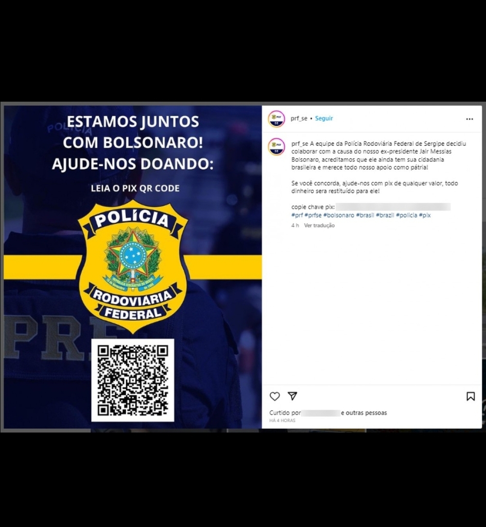 Página oficial da PRF pede doação via Pix para Bolsonaro; órgão alega fraude