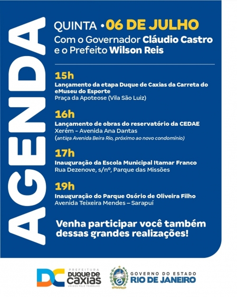 Duque de Caxias recebe o governador Cláudio Castro, nesta quinta-feira (06/07), para lançamentos de obras e inaugurações