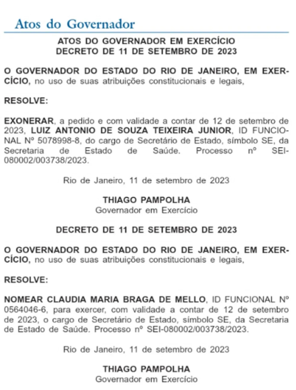 Dr.Luizinho é exonerado do cargo de secretário de Saúde do Estado do Rio de Janeiro