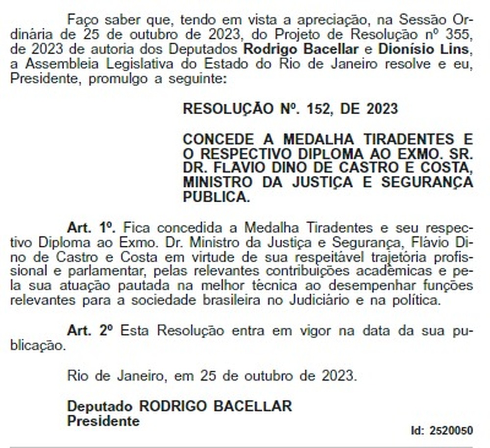 Medalha Tiradentes para ministro Flávio Dino será entregue por Rodrigo Bacellar e Dionisio Lins