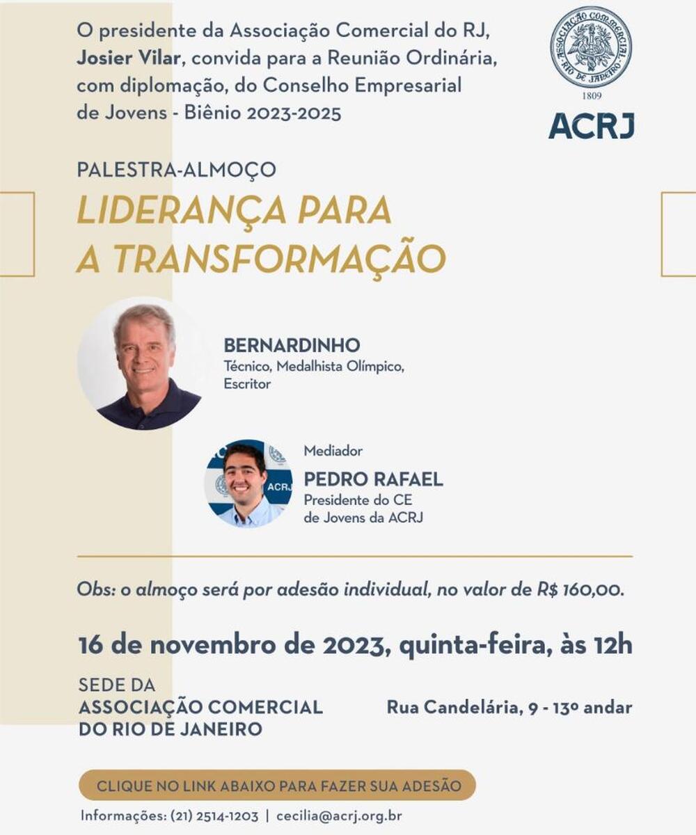 Associação Comercial do Rio de Janeiro realiza reunião ordinária de diplomação do Conselho Empresarial de Jovens com palestra-almoço de Bernardinho