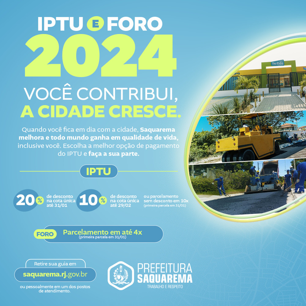 IPTU 2024: Desconto do IPTU em Saquarema é de 20% para o pagamento em cota única