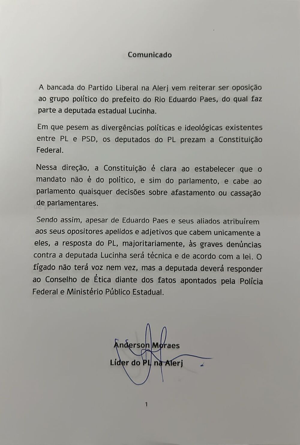 Comunicado expedido nesta quarta-feira (7) pela bancada do PL na Alerj sobre o voto que será dado amanhã no caso contra a deputada Lucinha