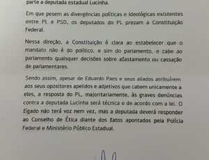 Comunicado expedido nesta quarta-feira (7) pela bancada do PL na Alerj sobre o voto que será dado amanhã no caso contra a deputada Lucinha