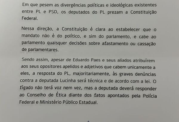 Comunicado expedido nesta quarta-feira (7) pela bancada do PL na Alerj sobre o voto que será dado amanhã no caso contra a deputada Lucinha