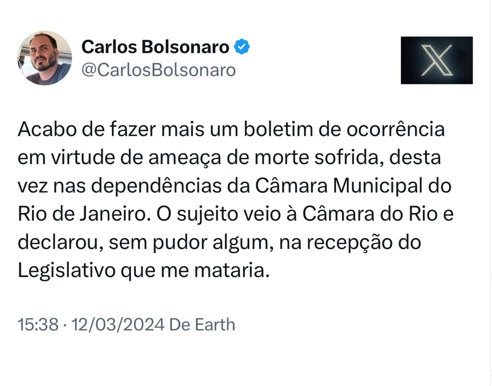 Carlos Bolsonaro é ameaçado de morte na Câmara Municipal do Rio