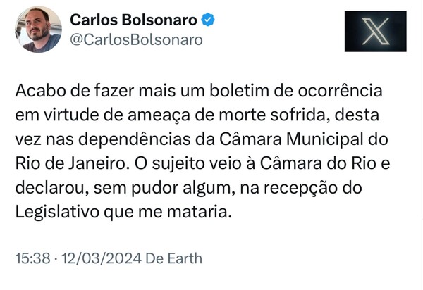 Carlos Bolsonaro é ameaçado de morte na Câmara Municipal do Rio