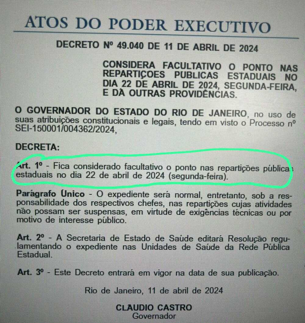 Estado do Rio decreta ponto facultativo para o dia 22 de abril, véspera do dia de São Jorge