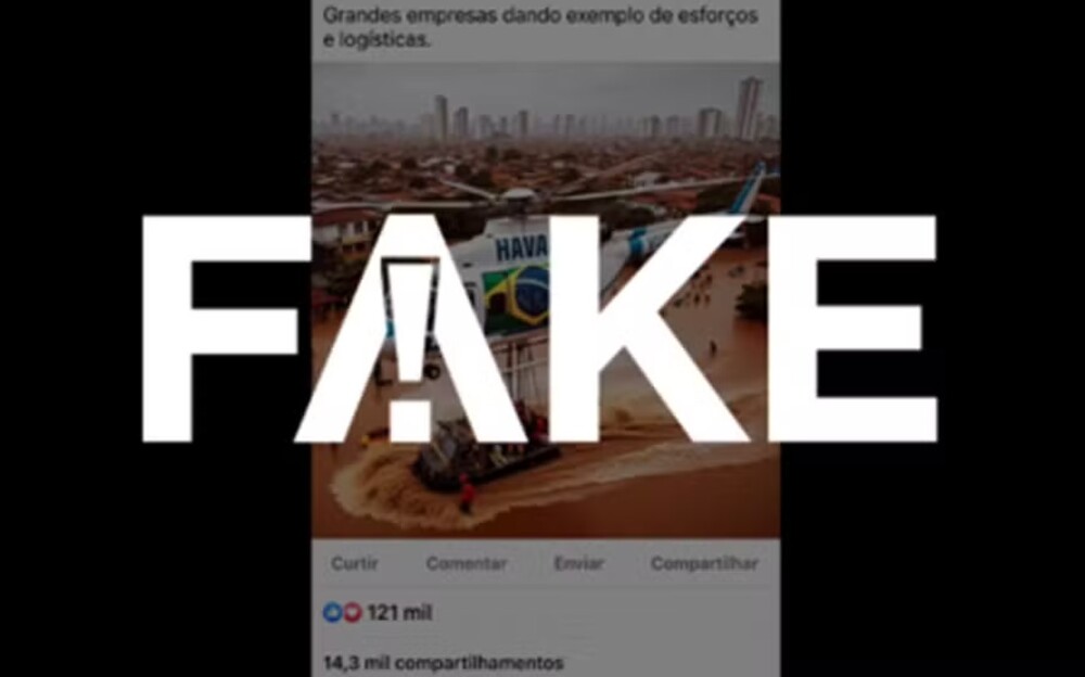 É #FAKE imagem que mostra helicóptero da Havan resgatando pessoas em área alagada