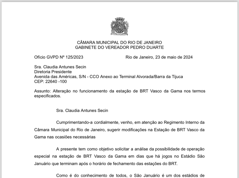 Vereador solicita que Estação do BRT tenha operação estendida em dias de jogos do Vasco