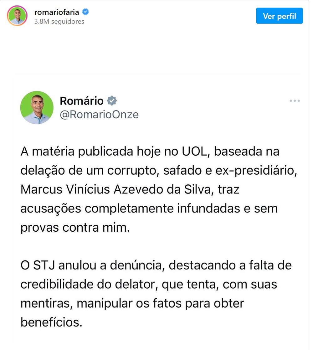 Romário e Marcos Braz são apontados por delator como participantes de esquema de corrupção