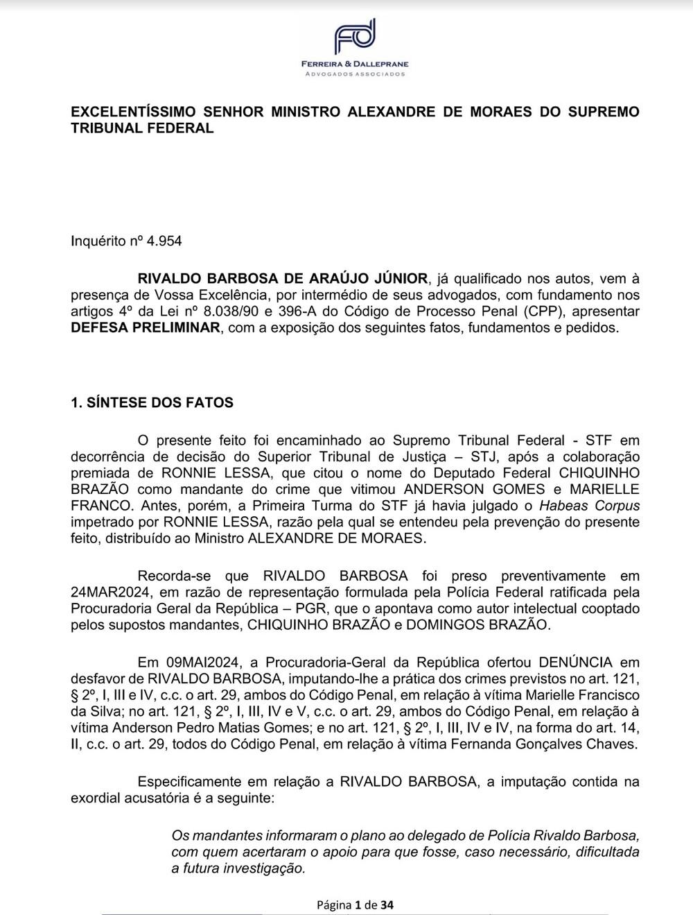 Leia na integra a defesa do Delegado Rivaldo Barbosa no Caso Marielle Franco