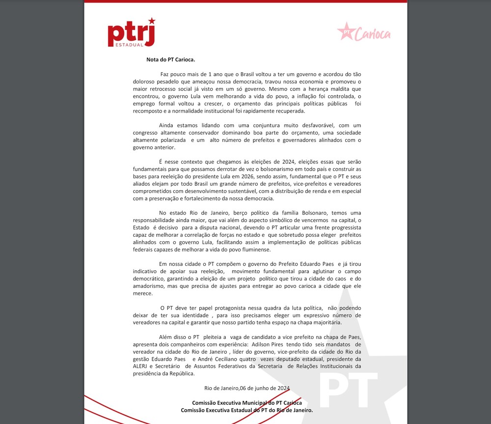Nota Oficial do PT Carioca: Adilson Pires e André Ceciliano são os nomes do PT para vice de Paes