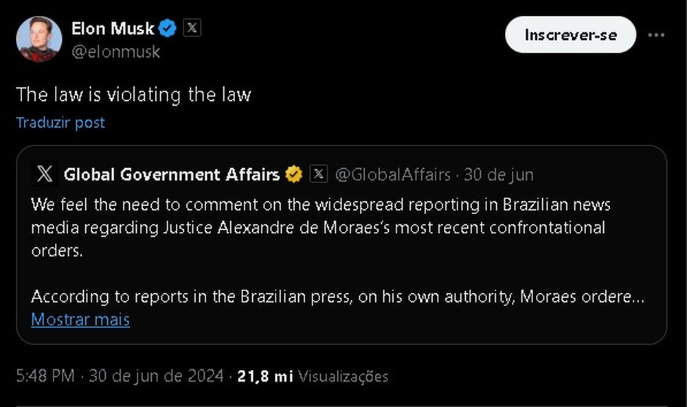 Elon Musk Critica Decisão Judicial de Alexandre de Moraes: 