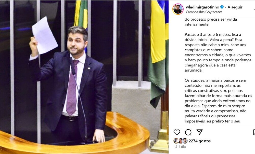 Campos-RJ: Wladimir Garotinho diz que “tem dúvida se valeu a pena ser prefeito”?