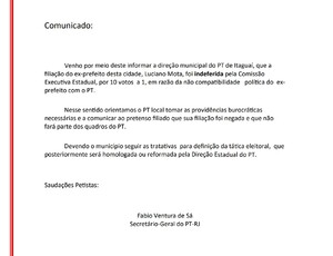 BATOTA no PT: Executiva Estadual do PT nega filiação e candidatura de Luciano Mota pelo PT em Itaguaí 