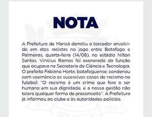 Torcedor do Botafogo flagrado fazendo gestos racistas era funcionário da prefeitura de Maricá e foi demitido após episódio