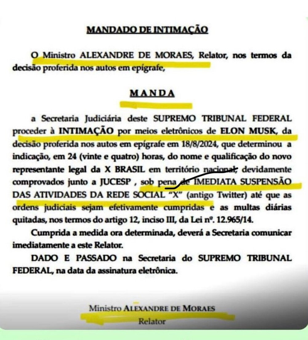 Moraes dá 24 horas para Musk indicar representante legal no Brasil