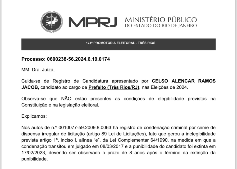 Ministério Público pede a impugnação da candidatura de Celso Jacob (MDB) a prefeito de Três Rios