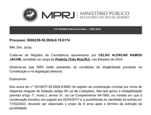 Ministério Público pede a impugnação da candidatura de Celso Jacob (MDB) a prefeito de Três Rios