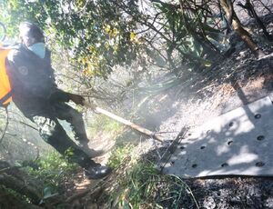 Agentes da Prefeitura de Niterói atuam no combate ao fogo no Morro das Andorinhas, Itaipu