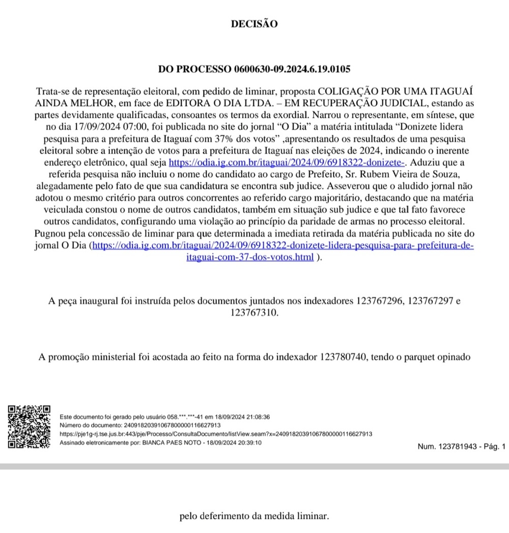 Juíza eleitoral de Itaguaí determina retirada do ar de pesquisa irregular, que não colocava o nome do Prefeito Rubão, que foi líder em outras pesquisas registradas 