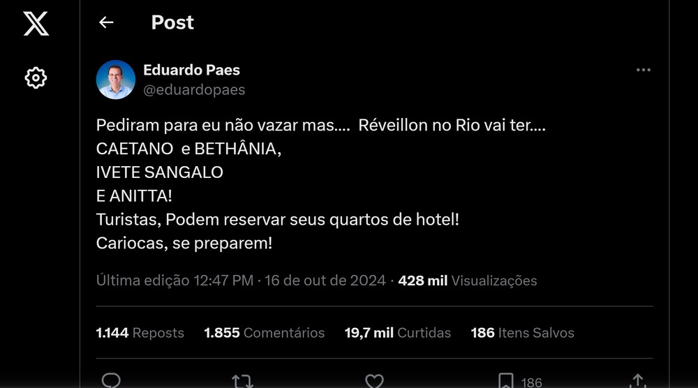 O prefeito tá tão animado: Caetano,Bethânia, Ivete e Anitta prometem virar o Rio de cabeça para baixo na virada do ano