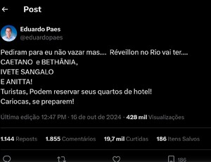 O prefeito tá tão animado: Caetano,Bethânia, Ivete e Anitta prometem virar o Rio de cabeça para baixo na virada do ano