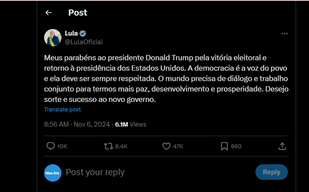 Lula é tão malandro que usou o 'X' para parabenizar Donald Trump por vitória nas eleições nos EUA: 'Democracia é voz do povo'