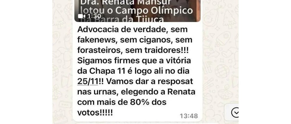 Diretora da OAB na Barra da Tijuca compartilha vídeo com frase contra ciganos: 'sem forasteiros'