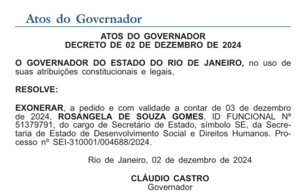 Rosângela Gomes deixa Secretaria de Desenvolvimento Social do Rio de Janeiro