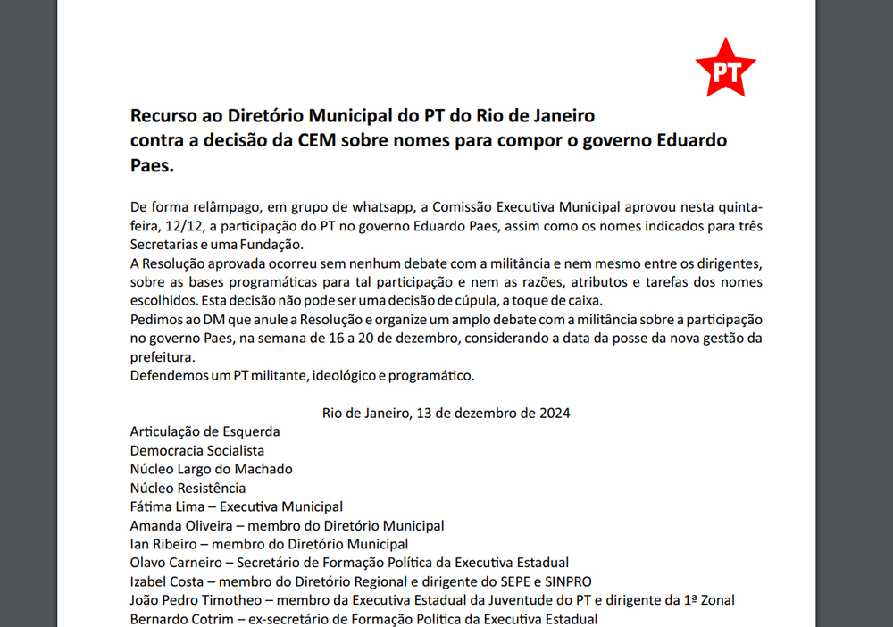 Crise no PT do Rio: Dirigentes da Executiva do PT entram com recurso contra indicações do PT para Compor Governo de Eduardo Paes