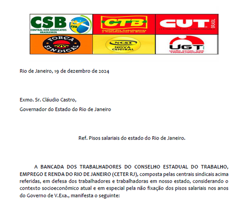 Centrais Sindicais protocolam carta para o governador Claudio Castro propondo fim de 5 anos de congelamento do Piso Salarial no Estado do Rio de Janeiro