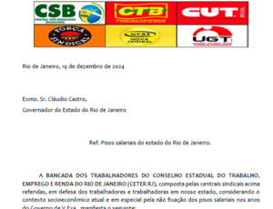 Centrais Sindicais protocolam carta para o governador Claudio Castro propondo fim de 5 anos de congelamento do Piso Salarial no Estado do Rio de Janeiro