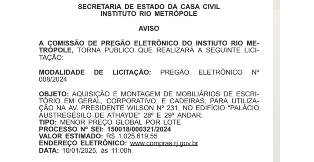 Luxo às Custas do Contribuinte: Instituto Rio Metrópole aabre Licitação Milionária para Mobiliário