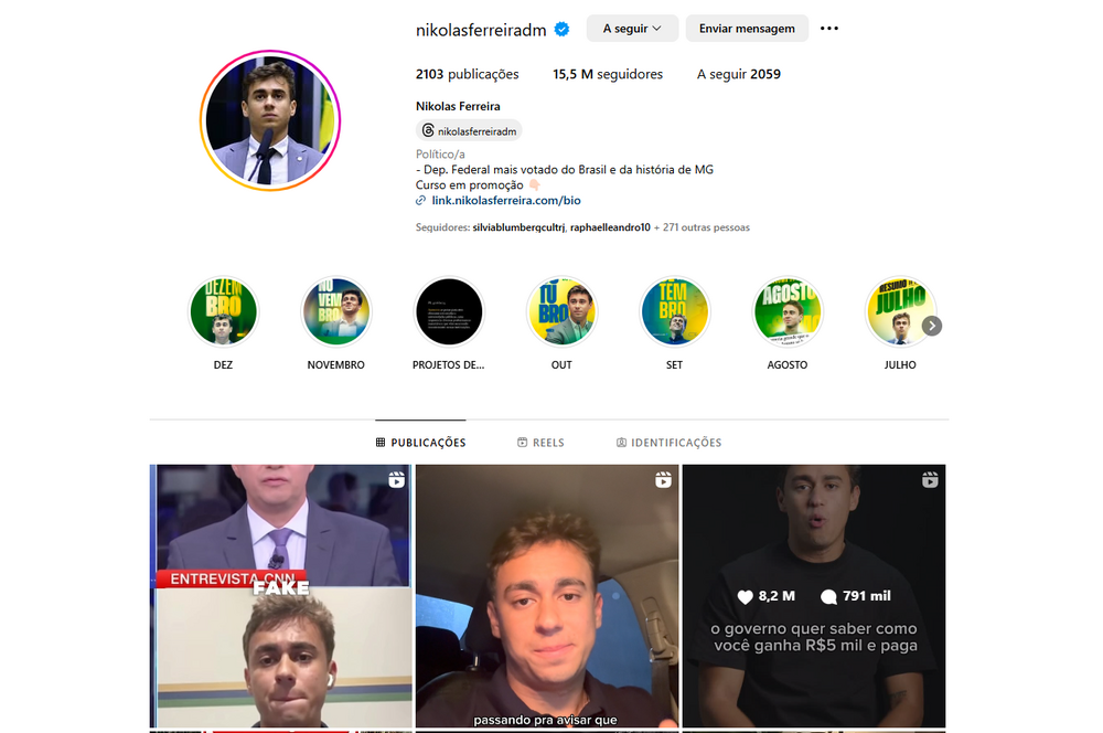 Efeito Pix: Nikolas Ferreira passa Lula e vira o 2º político brasileiro mais seguido no Instagram, perdendo somente para Bolsonaro