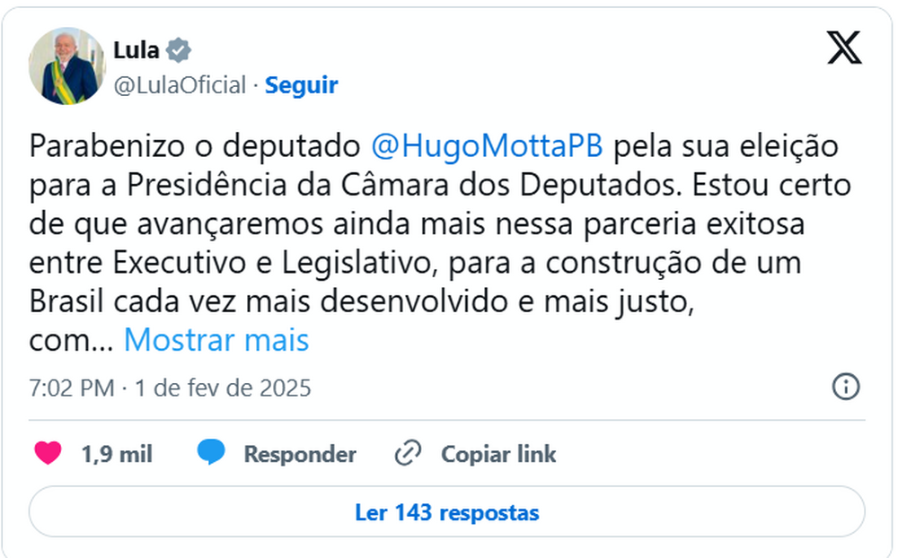 Lula parabeniza Hugo Motta eleito presidente da Câmara dos Deputados