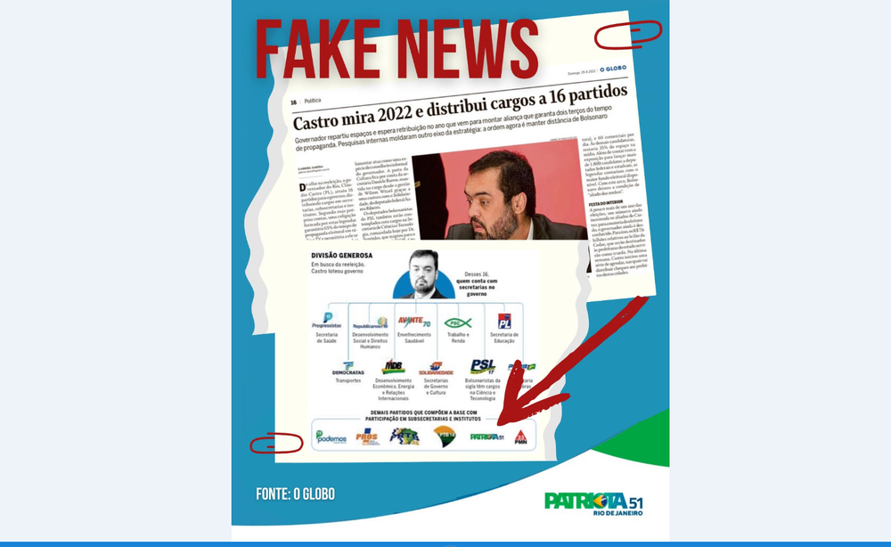 Patriota repudia Fake News do O Globo e informa ao Tribuna da Imprensa que não compõe a base do governador Cláudio Castro