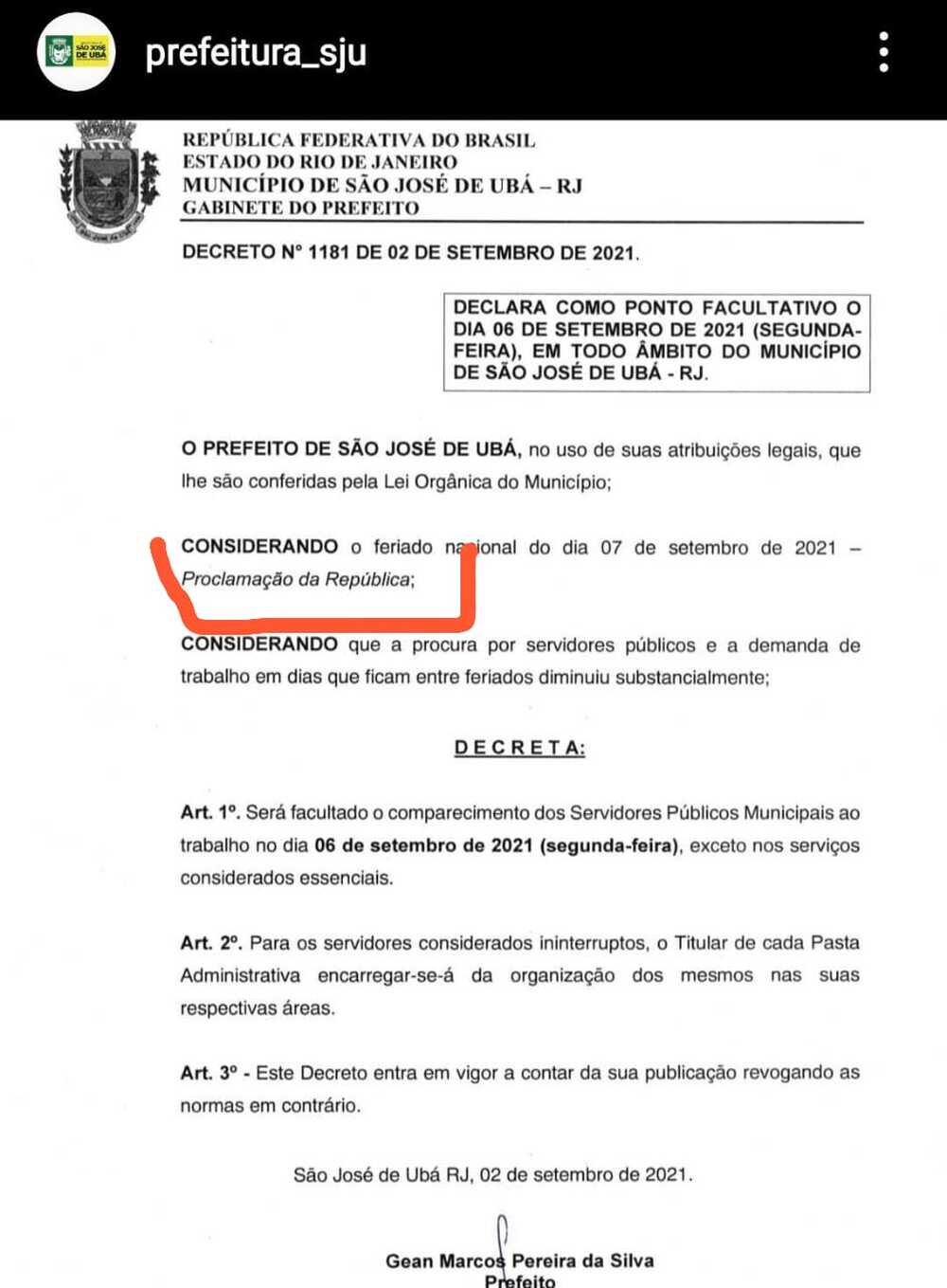 Prefeitura de São José de Ubá, decreta Proclamação da República, nesse 7 de setembro