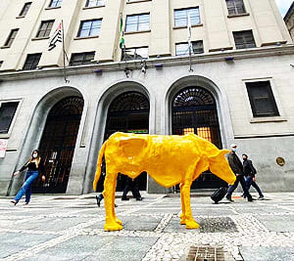 'Vaca magra' é instalada em frente à Bolsa de Valores e retirada pela PM