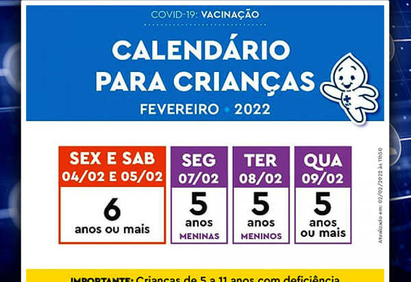 Covid-19: Calendário de vacinação infantil será retomado sexta-feira para imunizar crianças de 6 anos ou mais