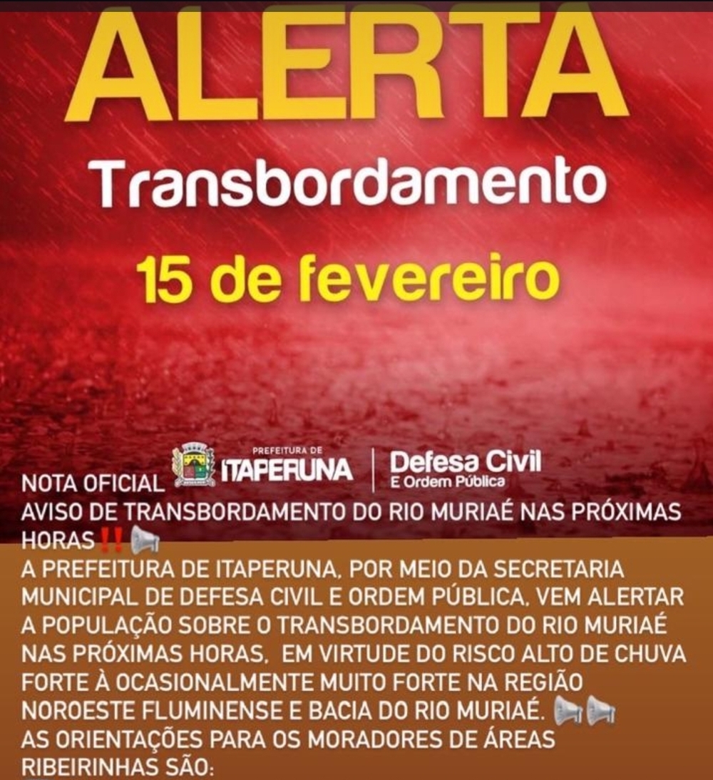 ALERTA DE CHUVAS FORTES EM ITAPERUNA e na região Noroeste Fluminense