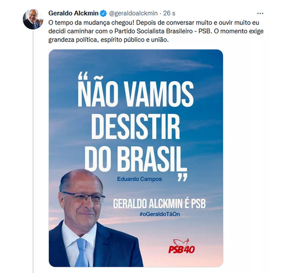 Alckmin cita Eduardo Campos ao confirmar filiação ao PSB para ser Vice de Lula