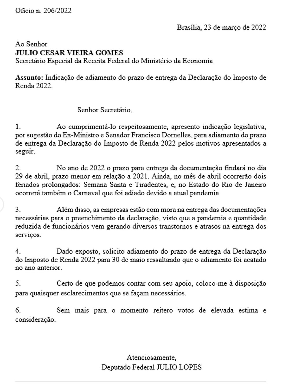 DEPUTADO CELEBRA ADIAMENTO DA ENTREGA DO IMPOSTO DE RENDA      