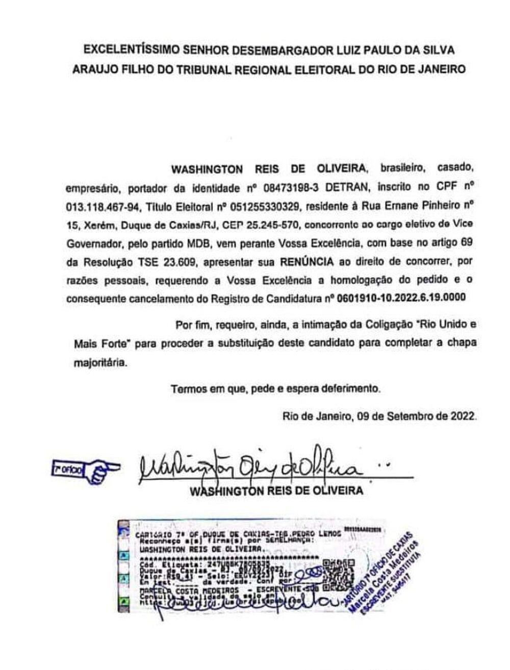 Washington Reis renúncia oficialmente ao cargo de Vice de Castro