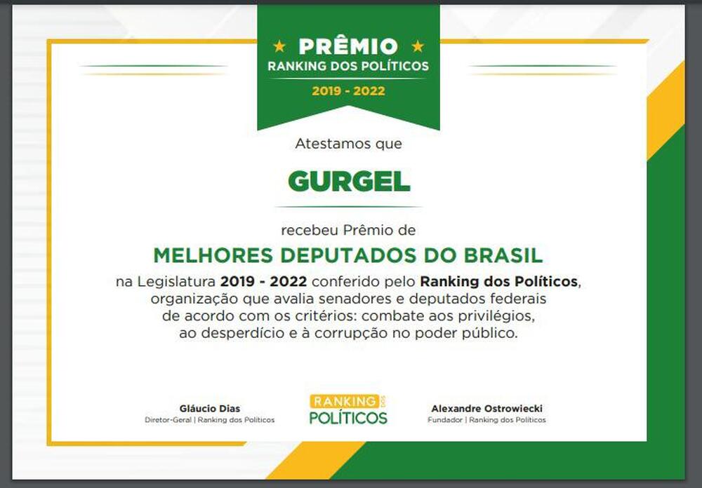 Gurgel ganha prêmio e entra na lista de MELHORES DEPUTADOS DO BRASIL por combate aos privilégios, desperdício e corrupção no poder público