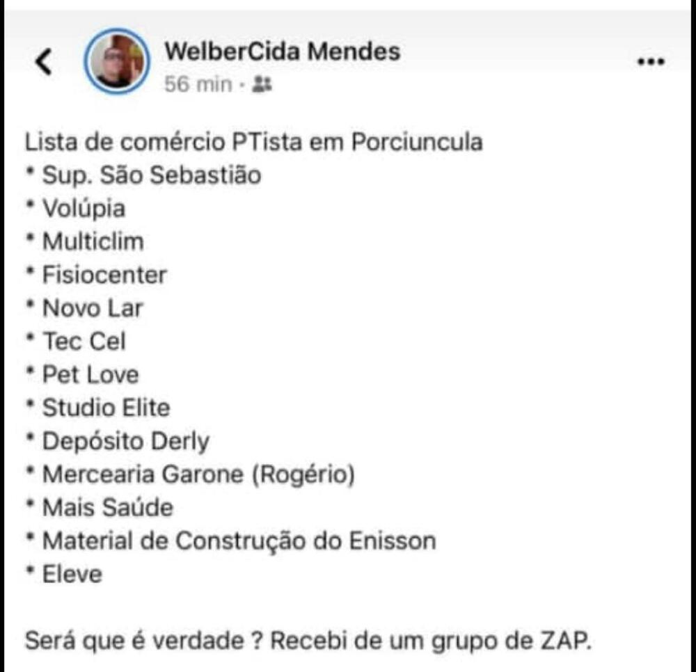 FASCISMO em Porciuncula: Bolsonaristas cometem crime fazendo lista de boicote a comerciantes que supostamente apoiaram Lula 