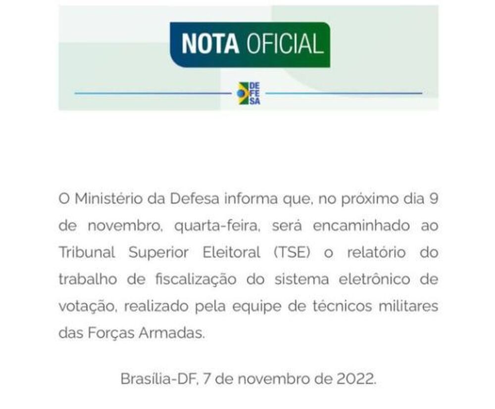 Defesa encaminhará relatório das urnas ao TSE nesta quarta-feira